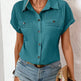 Lapel Shoulder Pleated Pocket Short Sleeve Top Shirt T-shirt Women - EX-STOCK CANADA