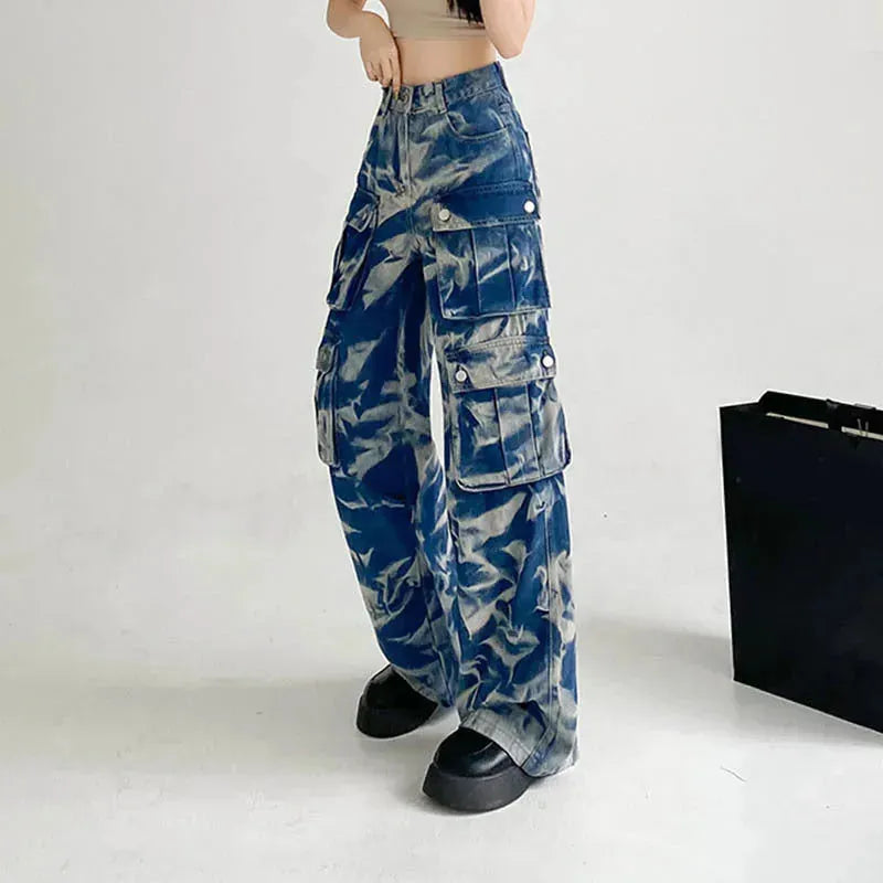 New Tie-dye Baggy CargoTrousers With Pockets Y2K Fashion High Waist Loose Wide Leg Pants Spring And Autumn - EX-STOCK CANADA