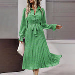 Women's Long Sleeve Midi Dress V Neck Button Down Belted A-Line Flowy EX-STOCK