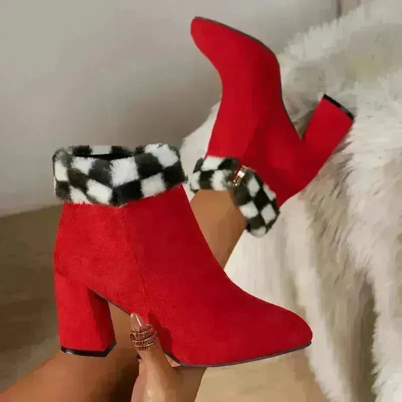New Plaid Print Plush Ankle Boots Winter Fashion Square Heel Suede Boots Women Casual Versatile Shoes Autumn And Winter - EX-STOCK CANADA