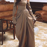 Women's Off-Shoulder Draped Maxi Dress – Structured Corset Bodice | Elegant Formal Gown | Khaki | XS–2XL