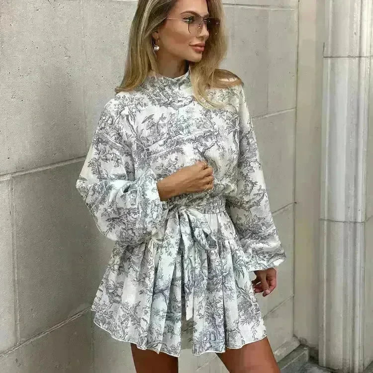 Ink Print Long Sleeve Floral Short Mini Skater Dress With Fashion Puffy Sleeve Lapel Tie A-Line Dress Clothing - EX-STOCK CANADA