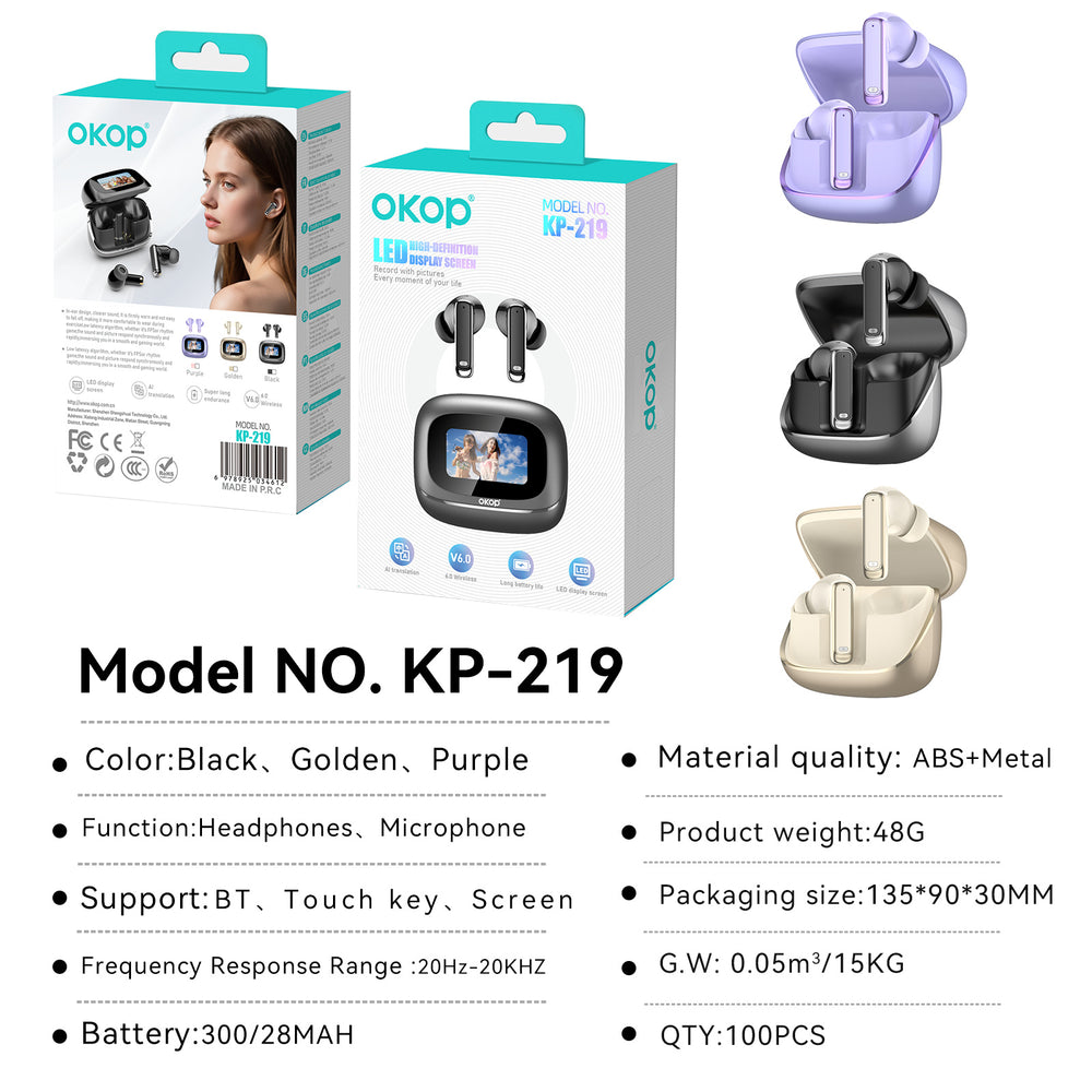 Emballage du produit et options de couleur pour les écouteurs Bluetooth LED modèle NO. KP-219 d'OKOP.