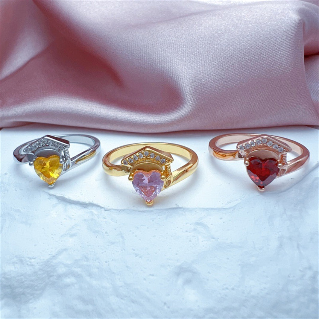Birthstone Graduation Ring – Heart Zircon Stone Graduation Cap Ring | Silver, Gold & Rose Gold | Sizes 5–11