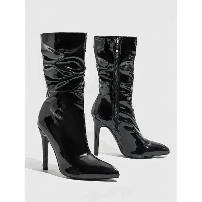 Patent Leather High Heel Pointed Stiletto Heel Pile Style Boots - EX-STOCK CANADA