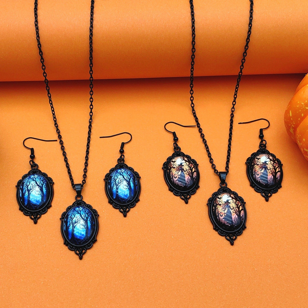 3pcs Vintage Halloween Tree Of Life And Witch Necklace Set With Earrings Alloy Pendant Jewelry EX-STOCK