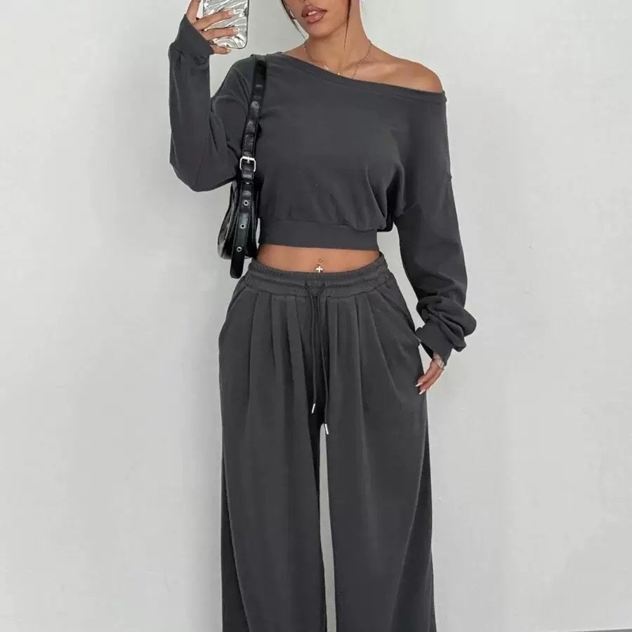 Women's Multi-Colour 2-Piece Off-Shoulder Loungewear Set, Cropped Long-Sleeve Top and Wide-Leg Pants, S–2XL