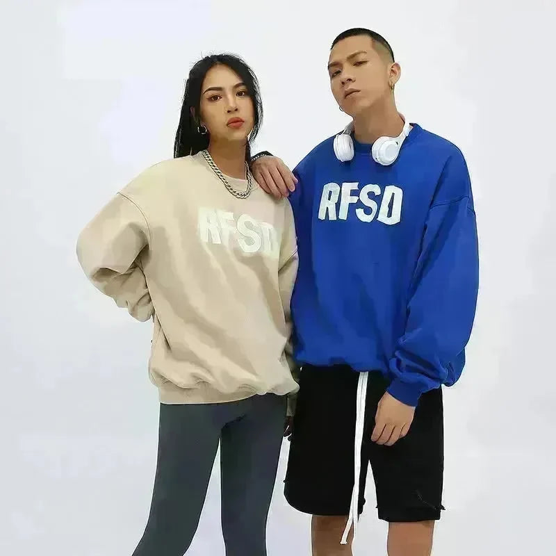 Fleece-lined Loose Street Drop-shoulder Printed Round Neck Sweatshirt Unisex - EX-STOCK CANADA
