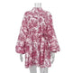 Ink Print Long Sleeve Floral Short Mini Skater Dress With Fashion Puffy Sleeve Lapel Tie A-Line Dress Clothing - EX-STOCK CANADA