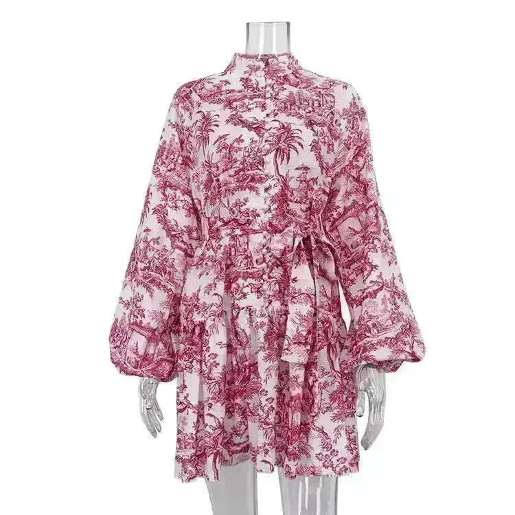 Ink Print Long Sleeve Floral Short Mini Skater Dress With Fashion Puffy Sleeve Lapel Tie A-Line Dress Clothing - EX-STOCK CANADA