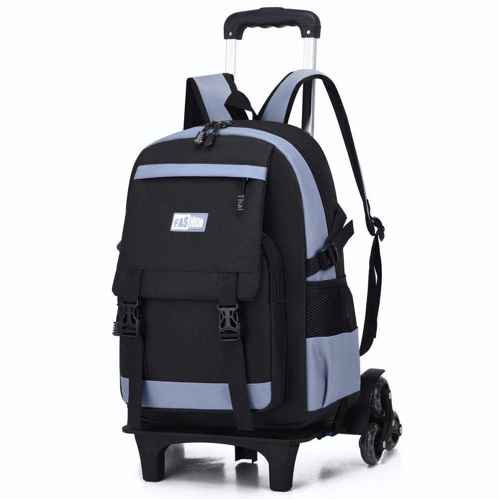 Black and gray backpack with wheels on a white background