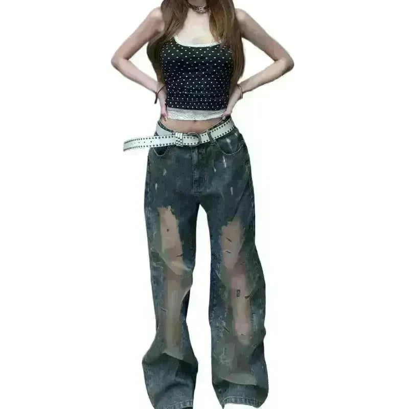 Retro Washed Ripped Baggy Jeans Pant For Women Summer Hollow Out - EX-STOCK CANADA