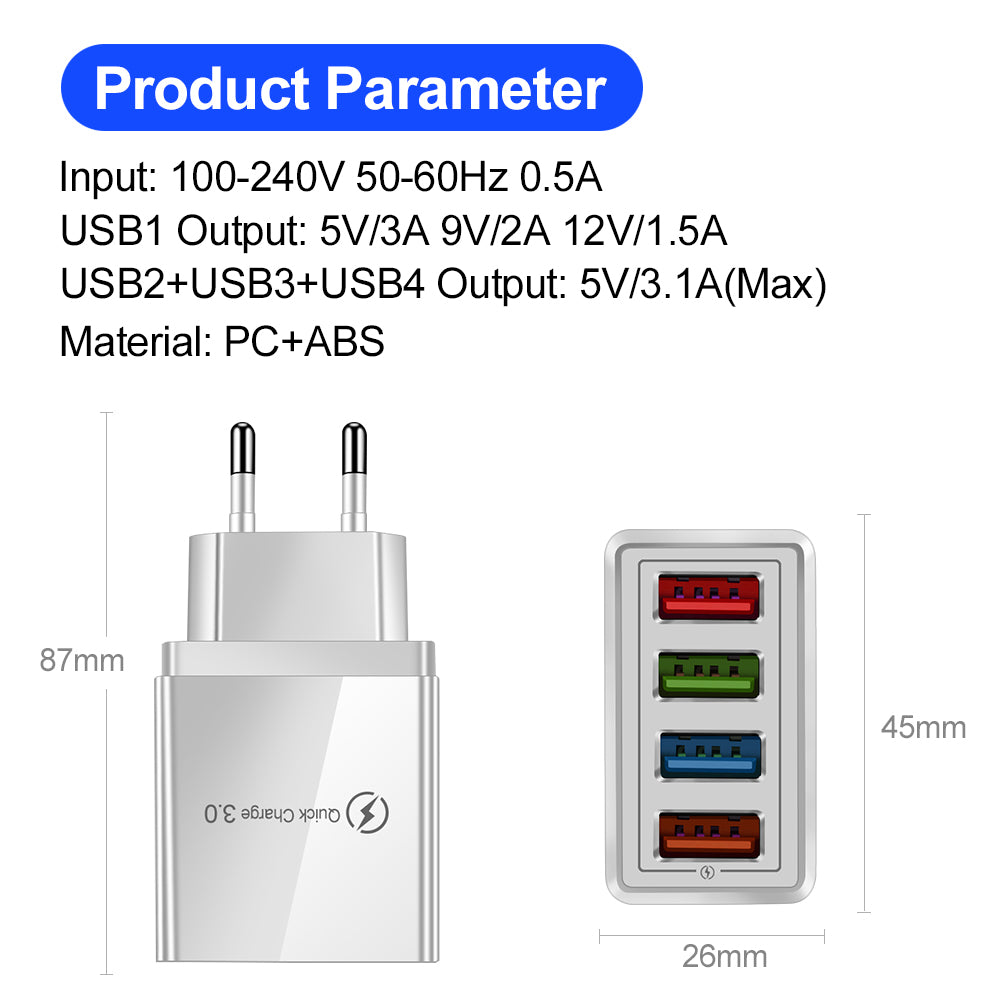 Product parameter details of a charging adapter with USB ports on a white background.