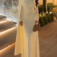 Women's Solid Color Pleated Cape-Sleeve Maxi Dress – Elegant Evening Gown | Apricot | Sizes XS–XL 2