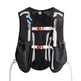 Black hydration vest with multiple pockets and straps on a white background