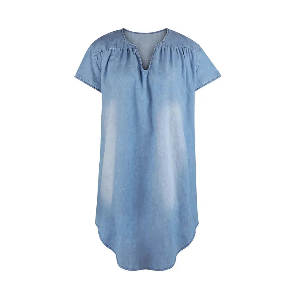 Round Neck Pleated Loose Solid Color Casual Plus Size Denim Dress - EX-STOCK CANADA