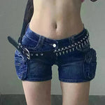 Street Washed Dark Blue Three-dimensional Pocket Splicing Low Waist Tight Hip Hot Girls Fried Street Hot Pants Super Short Jeans - EX-STOCK CANADA