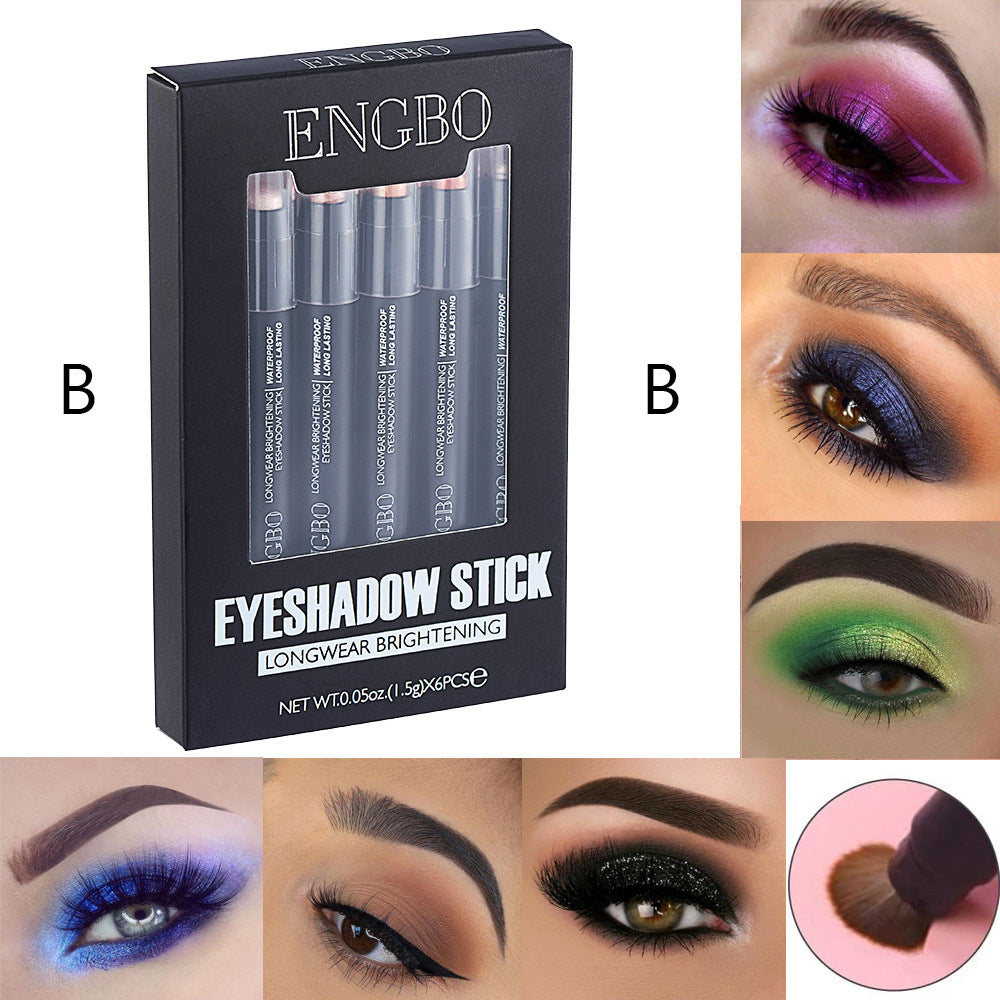 ENGBO eyeshadow stick packaging with examples of eye makeup application.