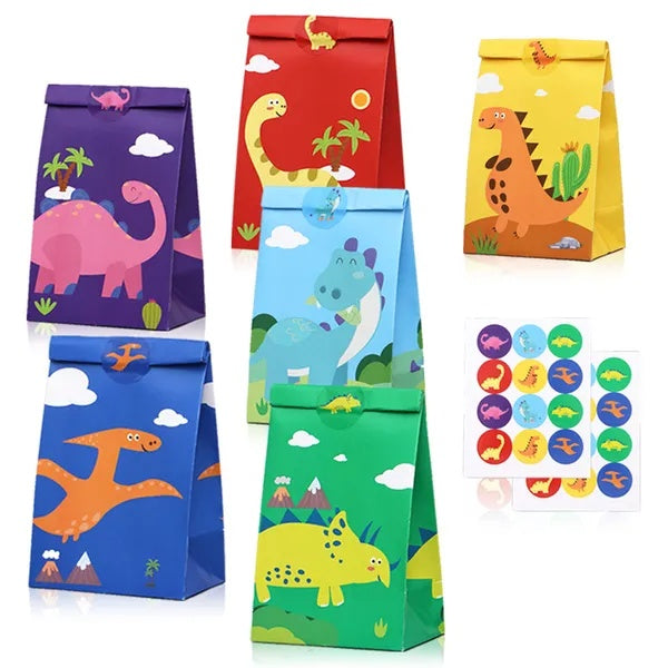 12Packs Christmas Dinosaur Candy Bags With 24Pcs Stickers Party Favor Bags Paper Gift Bags Treat Goody Gift Wrapping Bags For Christmas Halloween Dinosaur Themed Birthday Party Supplies EX-STOCK