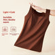 Brown sleeveless garment held by a hand with text about its properties on a beige background