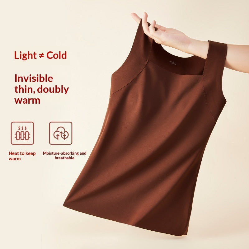 Brown sleeveless garment held by a hand with text about its properties on a beige background