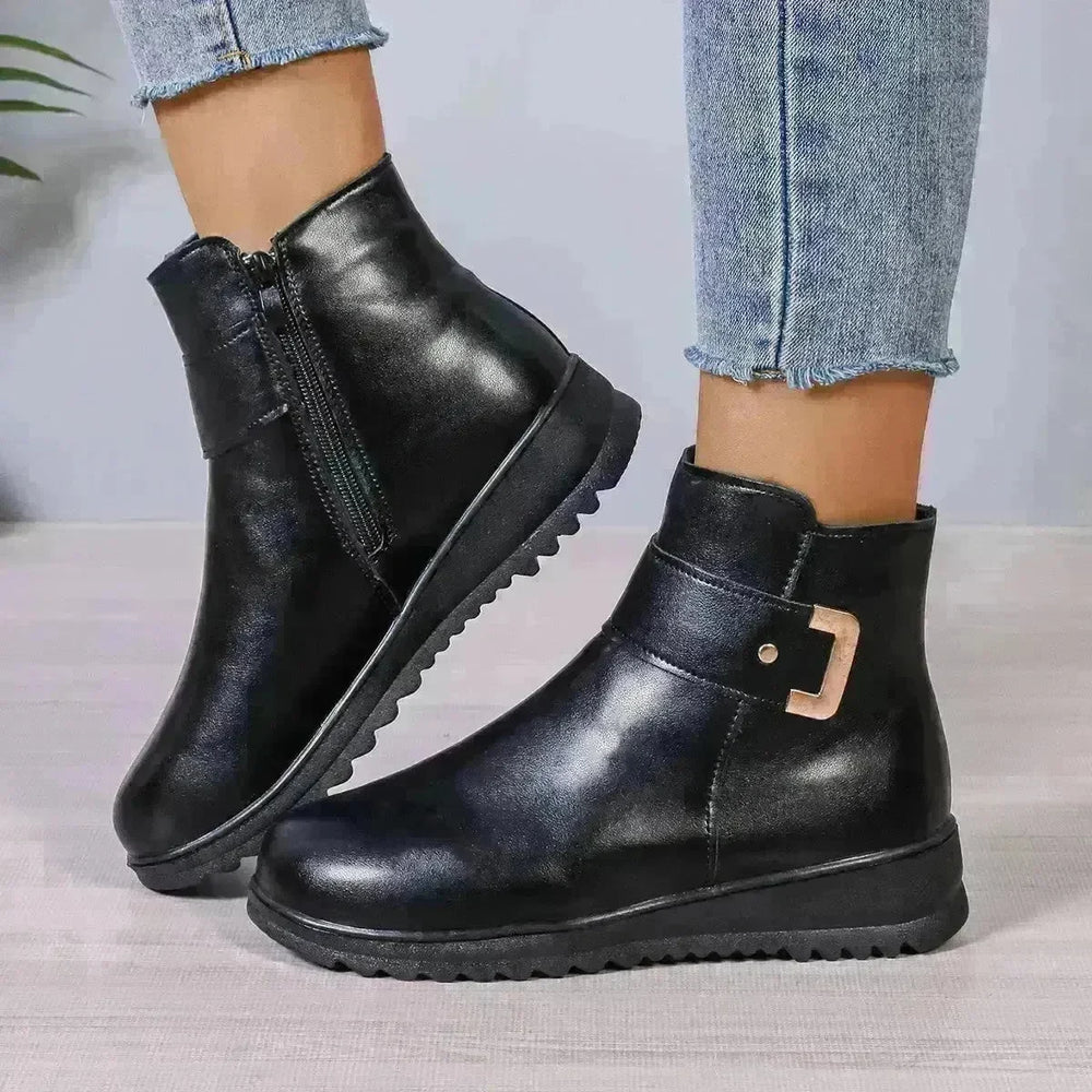 Winter Fleece Boots With Side Zipper Design Fashion Simple Non-slip Ankle Boots For Women Warm Pu Leather Shoes - EX-STOCK CANADA