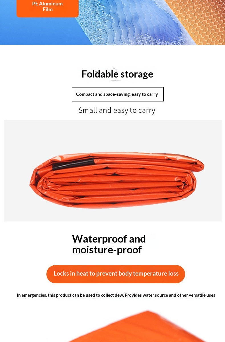 An orange foldable PE aluminum film storage bag shown on a white marketing graphic with text highlighting its foldable storage, compact size, and waterproof, moisture-proof properties.