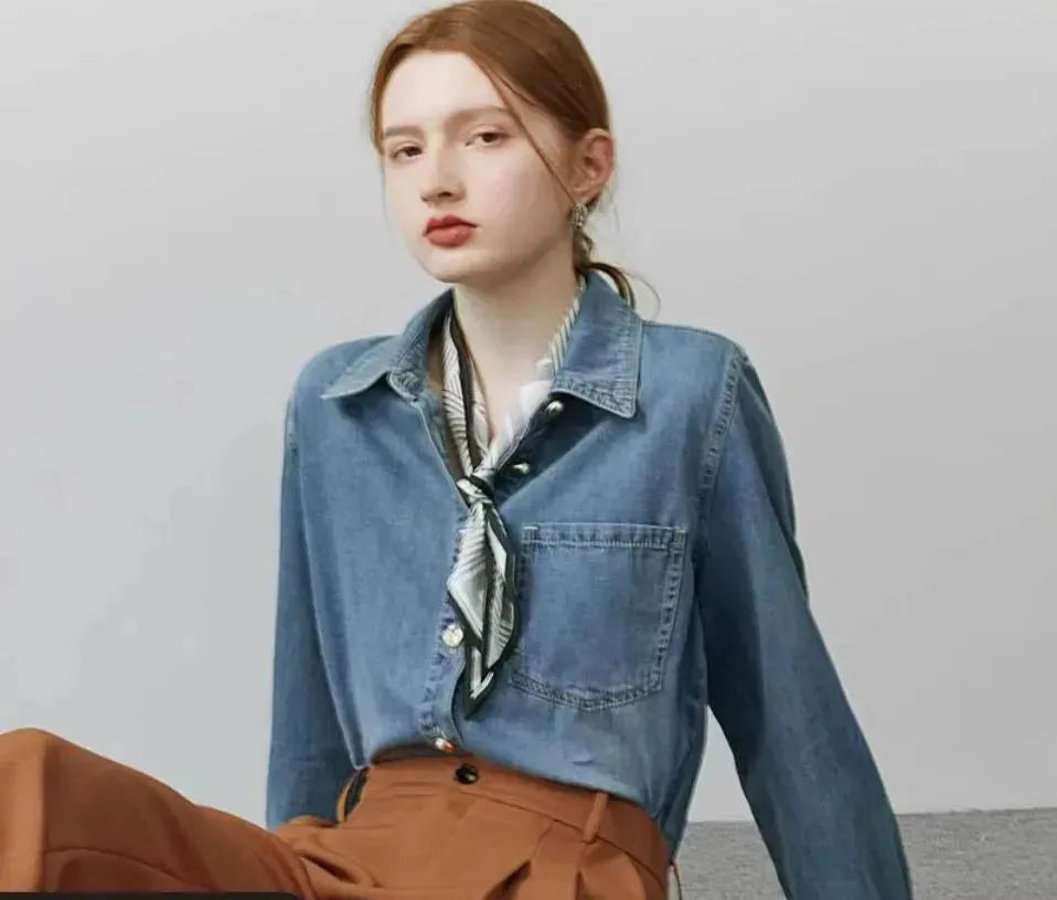 Blue Soft Denim Shirt Jacket Women's Long Sleeve Bandage Denim Dress Top - EX-STOCK CANADA