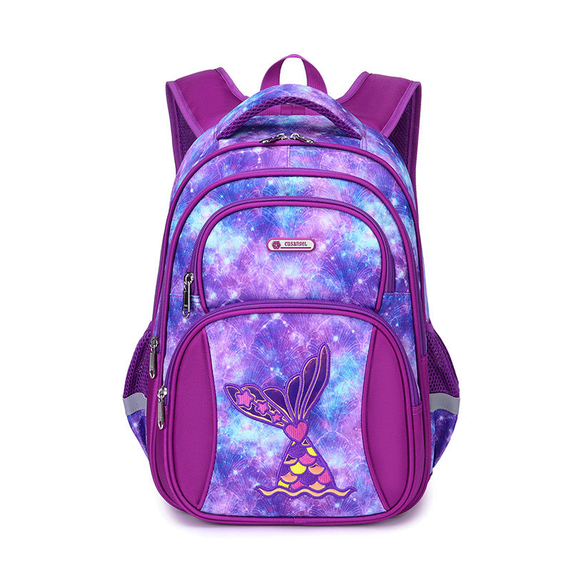 Purple backpack with fairy design on a white background