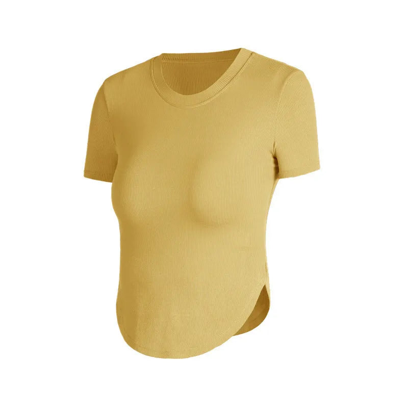 Rib Sports Short-sleeved Blouse With Chest Pad Workout Clothes Running T-shirt Beauty Back Tight - EX-STOCK CANADA