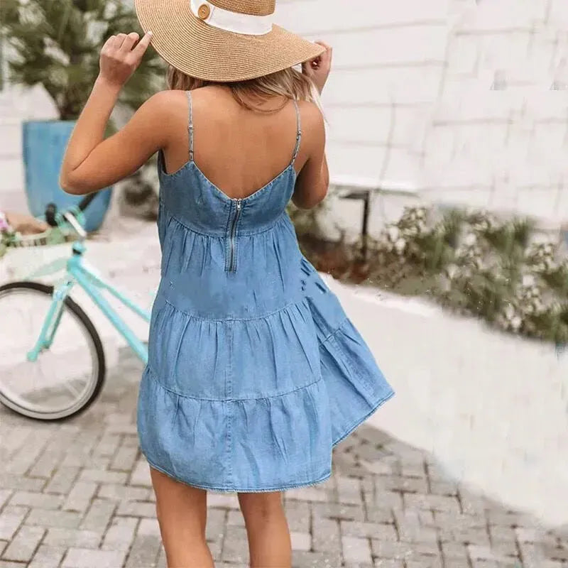 Sleeveless Suspender Casual Denim Loose flared Beach Dress - EX-STOCK CANADA