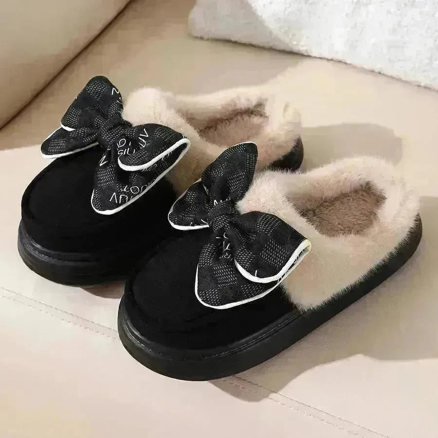 Cute Bowknot Plush Slipper Winter Warm Indoor Floor Bedroom Home Slippers For Women Fashion Thick-soled Solid House Shoes - EX-STOCK CANADA
