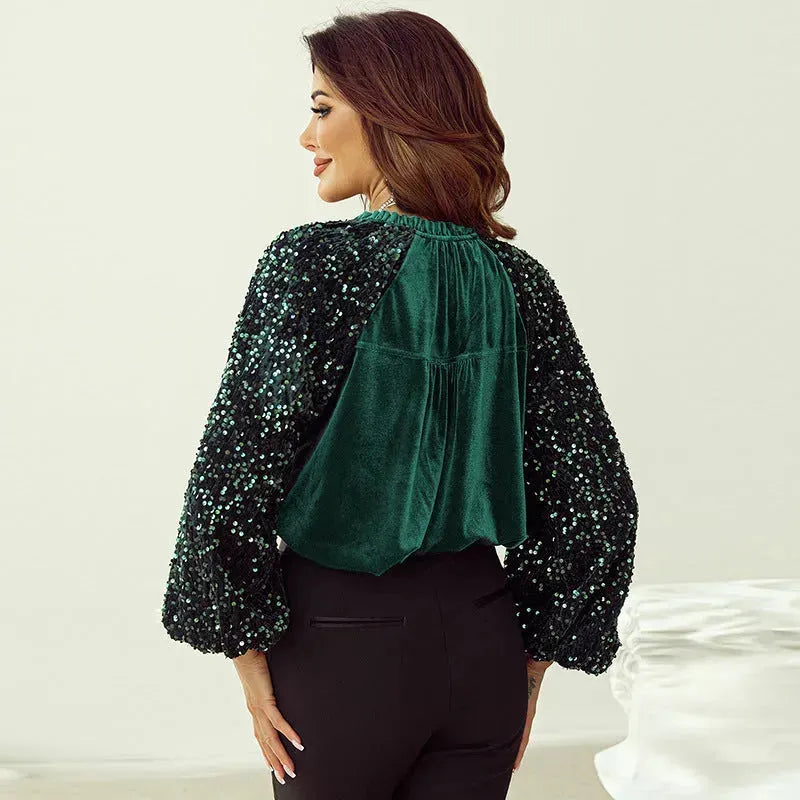 Elegant Fashion Sequined Long sleeve Suede V-neck Blouse top  women - EX-STOCK CANADA