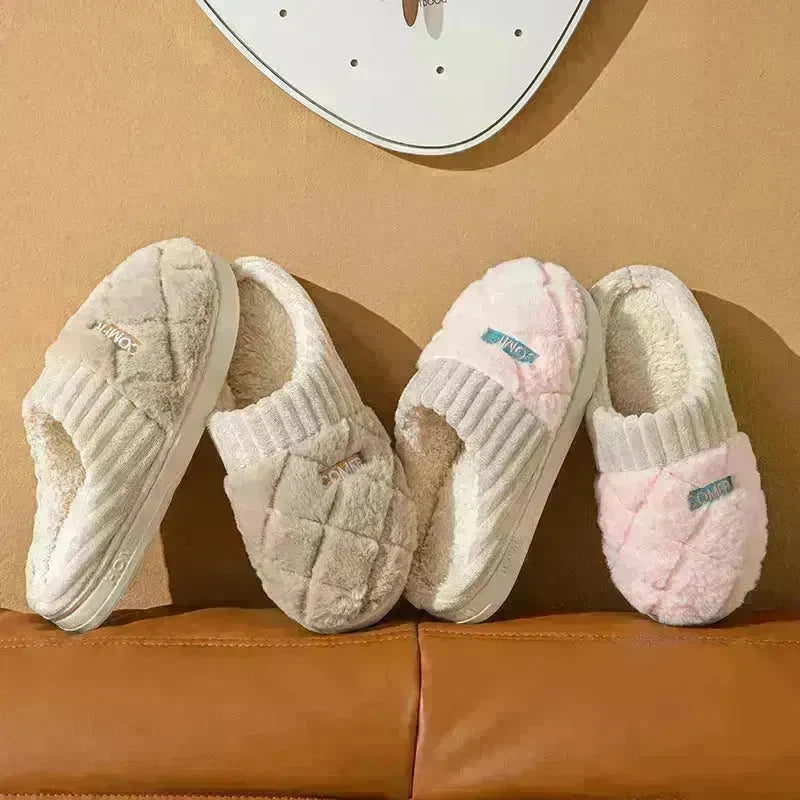 Solid Rhombic Letter Home Slippers Winter Warm Non-slip Floor Bedroom Plush Slipper For Couple House Shoes Women Men - EX-STOCK CANADA