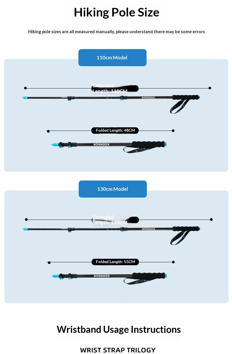 An informational graphic showing two hiking pole size options labeled 110cm Model and 130cm Model, with pole diagrams, folded lengths, and wristband usage text on a white background.
