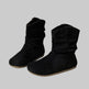 Black suede boots on a textured surface with a laptop in the background