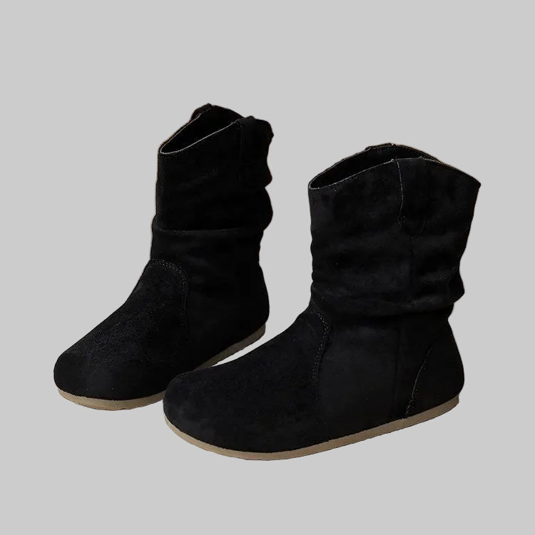 Black suede boots on a textured surface with a laptop in the background