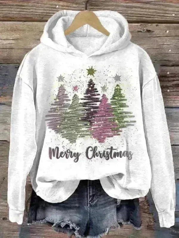 Round Neck Hooded Long Sleeve Four Christmas Trees Loose Hoodie Sweatshirt - EX-STOCK CANADA