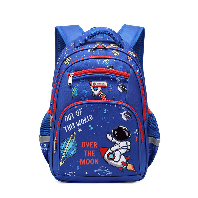 Blue children's backpack with space-themed design on a white background