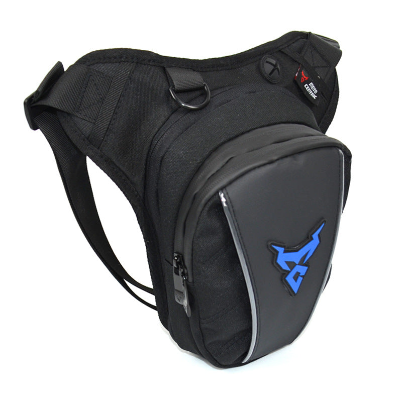 Black and gray shoulder bag with a blue logo on a white background