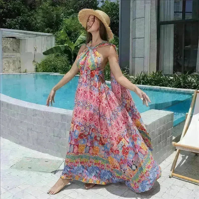 Casual Women's Floral Style Large Hem Cross Open Back Dress - EX-STOCK CANADA
