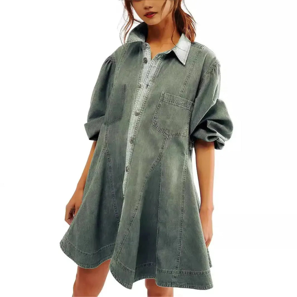 Women's Long Lantern Sleeve Button Denim Dress - EX-STOCK CANADA