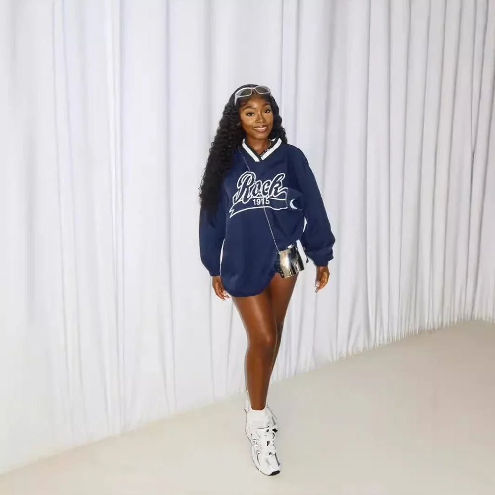 Women's Letter Print Color Block Loose Sweatshirt EX-STOCK Canada 