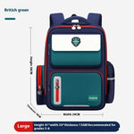 Blue and green school backpack with measurements and brand logo on a white background