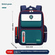 Blue and green school backpack with measurements and brand logo on a white background