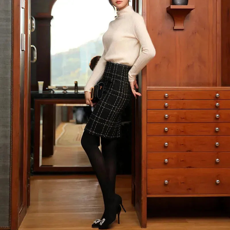 High Waist Black Plaid Sheath A- Line Slimming Woolen Mini Sheath Skirt - EX-STOCK CANADA