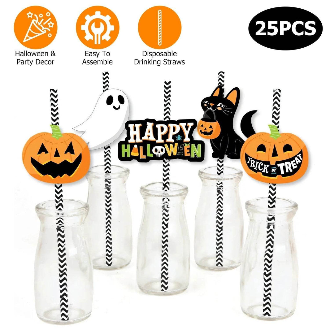 Set Of 25Pcs Halloween Party Striped Decorative Straws Disposable Drinking Straws Paper Straw Decor Happy Halloween Ghost Lantern Black Cat Halloween Party Supplies EX-STOCK