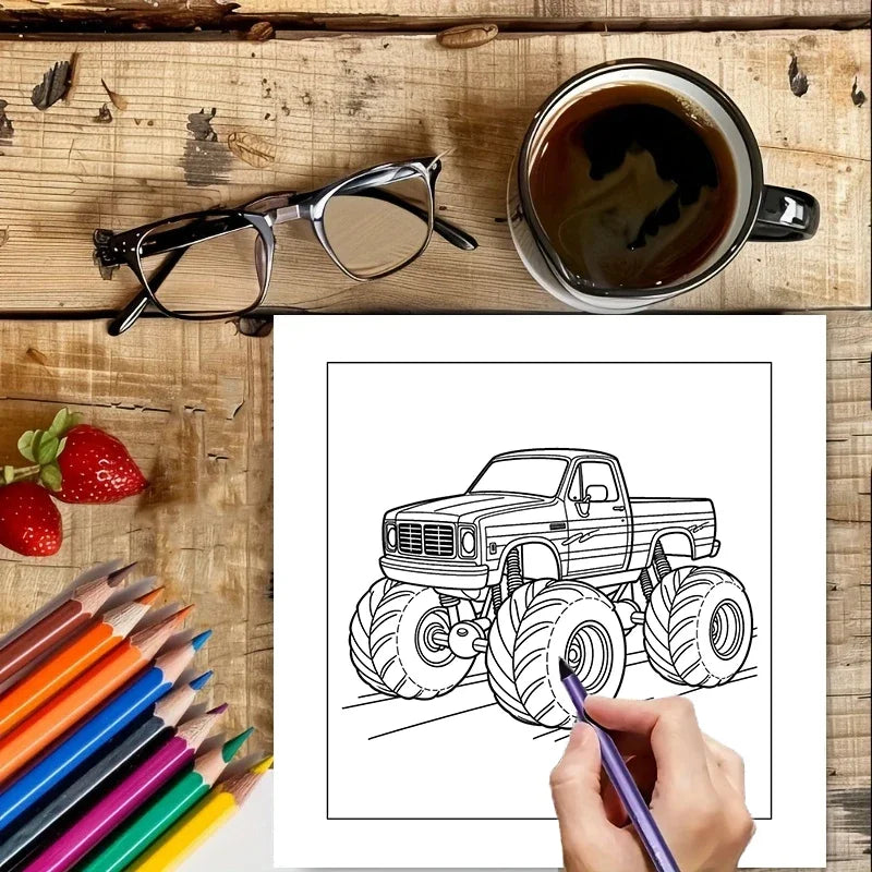 Ausmalbuch mit einem Truck-Design, Buntstiften, einer Tasse Kaffee und einer Brille auf einer Holzoberfläche.