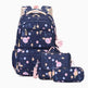 A matching backpack, pouch, and pencil case set in navy blue with a colorful space print of planets, stars, and pink planets, shown on a clean white background.