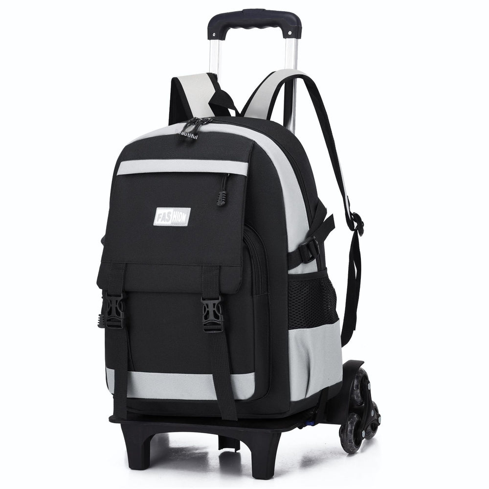 Black and gray backpack with wheels on a white background